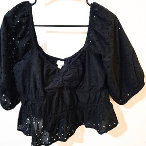 Elegant Black Eyelet Blouse, Large